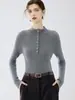 Elegante suéter de malha com gola alta e botões, suéter de cashmere slim fit para mulheres, outono e inverno, suéter texturizado e modelador para usar como base