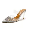 Sandalias destalonadas de tacón alto transparentes con pedrería y punta fina, nuevo modelo de verano 2026, chanclas sexys de moda para exteriores para mujer