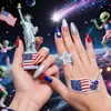 Unhas Postiças Removíveis para o Dia da Independência, Longas em Formato de Amêndoa, Bandeira Vermelha, Branca e Azul, com Glitter Prateado