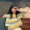 Top holgado estilo coreano que deja el ombligo al descubierto, nuevo de verano, hermosa chica, a rayas, corto, estudiantil, ajustado, camiseta de manga corta para mujer