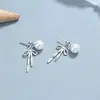 Arete de Perla con Forma de Lazo para Mujer de Plata Pura 925 Dulce Fresco Arete de Hueso de Oreja con Perla Joyería Elegante para Oreja