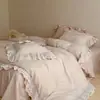 Juego de Cuatro Piezas de Algodón Lino Waffle Francés con Volantes de Encaje Funda Nórdica 100% Algodón Lino Ropa de Cama Femenina Apta para la Piel