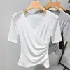 Camiseta de Manga Corta para Mujer 2026, Nuevo Estilo Veraniego, Cuello en V Cruzado, Camiseta de Color Liso, Dobladillo Asimétrico, Top con Cintura Plisada