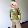 Camiseta Feminina Verde com Recorte Irregular e Gola Assimétrica de Manga Longa, Nova Tendência Coreana para o Início do Outono, Top Elegante e de Corte Slim