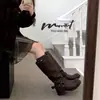 Botas de Caballero con Hebilla Retro para Mujer de Caña Alta Nuevas Botas de Motocicleta de Tacón Grueso Negro Botas de Moda de Tacón Medio Botas Largas Botas Arrugadas