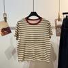 Estilo Retro Bloque de Color Rayas Cuello Redondo Manga Corta Mujer 2026 Casual Base Manga Corta Moderno Juvenil Top para Mujer