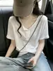 Camiseta Blanca de Algodón de Bambú para Mujer con Cuello Medio Abierto y Mangas Cortas, Nuevo Estilo de Verano, Color Sólido, Moderna, Adelgazante, Top Versátil A12180