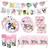 Conjunto de decoração de mesa para festa de aniversário com tema Sanrio transfronteiriço com pratos de papel, guardanapos de papel e toalha de mesa Hello Kitty
