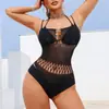 Lencería sexy europea y americana transfronteriza, body transparente seductor de cuello halter con transparencias y huecos, conjunto de malla sin espalda moldeador