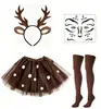 Set de Disfraz de Reno Navideño Diadema con Astas Falda de Tul con Lentejuelas Calcetines Largos Pegatinas de Maquillaje de Pequeño Reno Disfraces para Fiestas de Role-Playing