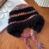Gorro Mullido a Rayas con Combinación de Colores para Mujer Otoño e Invierno Estilo Coreano que Afina el Rostro Protección para Orejas Pequeñas Sombrero Lei Feng Cálido de Lana Tejida