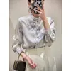 Nova Camisa Estilo Chinês com Botão, Gola Alta Vertical, Estampada, Manga Longa, Outono Novo, Elegante, Vintage, Jacquard, Top Estilo Chinês, Roupa Feminina