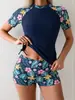Novo Maiô Cortado Feminino Manga Curta Cordão Lateral Boxer Bermuda Conjunto de Duas Peças Tankini Maiô Transfronteiriço Amazon