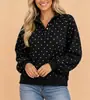 Suministro directo de fábrica 2026 sudadera para mujer con estampado de lunares estilo europeo y americano, otoño, corte holgado, cuello Henley, botones, media tapeta, estilo mujer