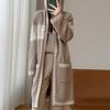 Cárdigan con capucha para mujer de lana 100% pura engrosada de siete agujas, nuevo de otoño e invierno, pesado jacquard, doble bolsillo, abrigo de longitud media