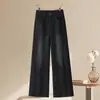 Jeans de mujer negros y grises, nuevo modelo primavera y otoño 2026, pantalones rectos de cintura alta estilo americano con bordado en el bolsillo y pierna ancha
