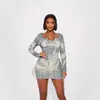 Exportação Transfronteiriça Roupas Femininas Moda Europeia e Americana Estiloso Estampa de Retrato Slim Fit Cintura Baixa Vestido Longo de Manga Longa Justo