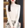 Blusa de renda única e chique estilo francês para mulheres, suéter de gola semi-alta, camisa de lã tricotada, moderna