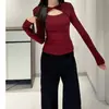 Atacado do Fabricante Outono e Inverno Design Térmico Canelado Torcido Vazado Ombro Normal Manga Longa Camiseta Camada Base Feminina