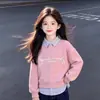 Moda Casual Simples para Meninas Estilo Coreano Listrado Patchwork Gola Polo Falso Duas Peças Conjunto Versátil para Jeans Tendência