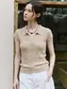 Elegante Blusa de Tricô de Linho de Manga Curta para Mulheres, Camisa de Verão com Decote V para o Trabalho, Polo de Algodão e Linho Estiloso com Gola Pequena Reversível, Slim Fit