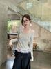 Camiseta de Punto con Cuello de Encaje Estilo Ballet Falso de Dos Piezas para Mujer, Camisa Base Chic Dulce Picante para Principios de Otoño con Top Corto