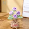 Bolsa de linho com rosa feita à mão em crochê com flores artificiais, decoração de mesa em estilo ins, decoração de presente feita à mão