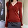 Tiro Real # Suéter de Manga Larga con Solapa Verde Retro en el Hombro Derecho para Mujer en Otoño Camiseta Básica Adelgazante