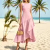 Vestido largo de verano para mujer, estilo europeo y americano transfronterizo, nuevo, de malla de seda, patchwork, sin mangas, cuello recto, ceñido a la cintura