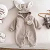 Macacão Bebê Macio Fofo de Coelho Outono Inverno Roupas Infantis Bodysuit Quente de Manga Longa Macacão com Capuz Espessado de Veludo
