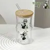 Copo de Vidro Estilo Ins 2025 Novo Desenho Animado Panda Fofo Copo de Bambu Copo de Água Doméstico Copo para Chá de Leite Copo para Bebidas