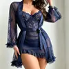 Camisola Curta Sexy Assimétrica de Cruzamento, Que Abraça o Quadril, Roupão de Renda em Malha, Conjunto de Loungewear Transparente de Manga Longa, Item Quente de Comércio Exterior