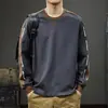 Moletom Patchwork de Lã Pesada com Cor Contrastante Outono 2026 para Homens, Camiseta Casual de Manga Longa Estilo Americano, Camiseta Básica Gola Redonda de Caimento Solto