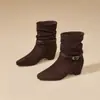 Botines de Tobillo con Hebilla Retro Tacón Grueso Estilo Maillard Arrugados Acumulados Botines de Tobillo Mujer 2026 Nueva Moda Tubo Corto Botas Vaqueras