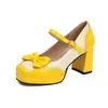 Elegantes Sapatos Mary Jane com Renda e Laço Colorido, Bico Fino, Salto Alto Bloco, Tamanhos 32-48, Sapatos de Exportação