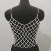 Chaleco Calado Tejido a Mano con Red de Pesca de Perlas Camiseta de Manga Corta con Cadena Corporal de Perlas para Mujer skl000312