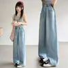 Jeans de Mezclilla para Niñas, Nuevo Estilo Primavera y Otoño 2026, Pantalones de Pierna Ancha Bordados con Doble Bolsillo