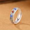 Um Veado Prata S990 Pé Prata Sul Vermelho Cloisonne Prajna Coração Sutra Ruyi Anel de Contas Vintage Masculino e Feminino Anel de Prata