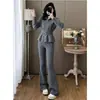 Conjunto Casual da Moda para Mulheres no Outono e Inverno, Cardigã Cinza com Zíper e Ajuste na Cintura e Calça Casual Conjunto de Duas Peças, Emagrecimento e Sensação de Alto Padrão