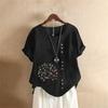 Verão Vintage plus size Casual Solto Algodão e Linho Manga Curta Pulôver Camiseta Algodão e Linho Feminino plus size Roupas Femininas Árvore da Felicidade