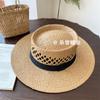 Sombrero de Paja Retro de Verano con Copa Plana Recortado para Mujer Viaje Vacaciones Viaje Sombrero de Protección Solar Playa Orilla del Mar Sombrero para el Sol