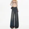 Jeans de pierna ancha de cintura alta color gris cemento para mujer, otoño e invierno 2024, nuevos pantalones de caída versátiles sin forro polar