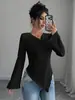 Amazon Roupas Femininas Transfronteiriças Europeias e Americanas Outono e Inverno 2026 Mais Vendidos Camiseta de Manga Longa com Decote V Feminina Top Liso Atacado em Estoque
