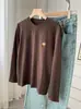 ¡Camiseta de manga larga bordada con calabaza para mujer! Camiseta Básica Casual de Algodón Cepillado de Color Sólido Versátil para Otoño e Invierno, Aspecto Adelgazante, Cuello Redondo