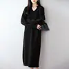 Vestido de Punto de Lana 100% Otoño/Invierno Estilo Nuevo Cuello Tijera Adelgazante Suéter de Manga Larga para Mujer Vestido Base Largo Hasta la Rodilla