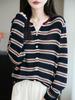 Cardigan de Lã Enrolada com Gola V e Listras Outono e Inverno Novo Feminino Solto Outer Jaqueta de Tricô Design Estilo Preguiçoso Suéter