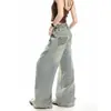 Jeans Feminino de Marca Tendência Retro Jeans de Sarja Lavada Desgastada Patchwork Estampa de Leopardo Americano Peça Falsa Dupla Calças Longas Largas Soltas