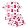 Conjunto de Pijama Cardigan Rosa de Seda Leite Transfronteiriço Europeu e Americano para Mulheres, Shorts de Manga Curta, Roupa de Casa Confortável e Respirável Conjunto Casual