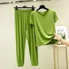 Conjunto Casual de Dos Piezas para Mujer Verano V-Neck Conjunto de Pijama Ropa de Casa Se Puede Usar Afuera Delgado Casual Modal Manga Corta