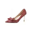 Zapatos de boda talla grande para mujer, zapatos de novia, vestido Xiuhe, bailarinas para damas de honor, tacones de aguja altos con lentejuelas y lazo estilo francés